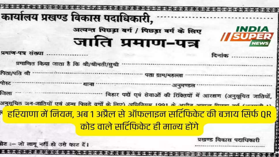 हरियाणा में नियम, अब 1 अप्रैल से ऑफलाइन सर्टिफिकेट की बजाय सिर्फ QR कोड वाले सर्टिफिकेट ही मान्य होंगे