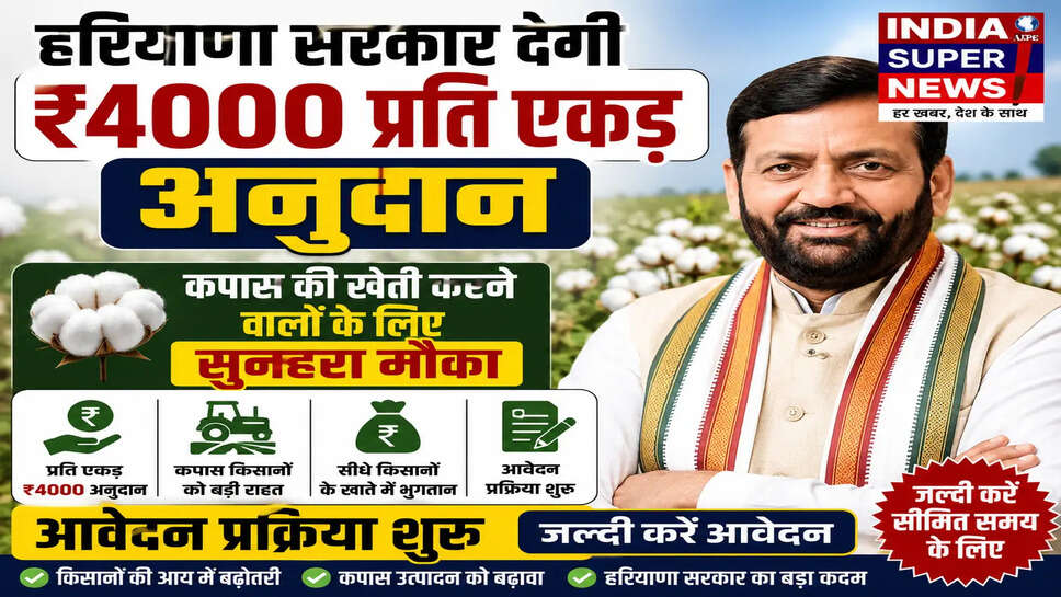 हरियाणा सरकार देगी ₹4000 प्रति एकड़ अनुदान, कपास की खेती करने वालों के लिए सुनहरा मौका, आवेदन प्रक्रिया शुरू