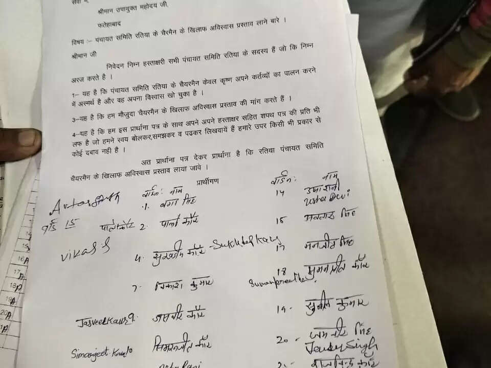 फतेहाबाद में 16 मेंबरों ने अविश्वास प्रस्ताव की मांग को लेकर DC से मिले कांग्रेसी चेयरमैन की कुर्सी पर मंडराया खतरा।